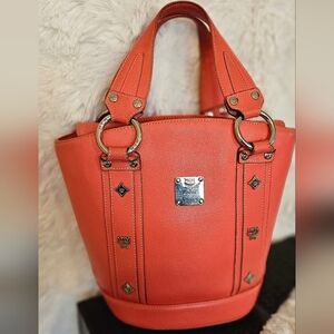 MCM Visetos Salmon Leather Studded Tote Bag. 